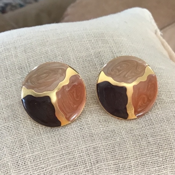 Vintage 80’s Earthy & Gold Tone Pierced Earrings Round Lightweight - Picture 1 of 16